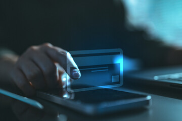 Digital credit card payment concept with virtual card interface on touchscreen device, representing secure online transactions, fintech technology, cashless retail, and modern financial services.