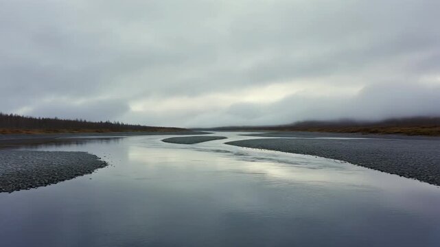 Wide tranquil river flowing through a remote desolate tundra landscape under a dramatic overcast grey sky