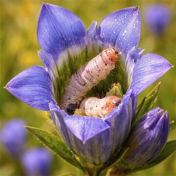 Close up of the Alcon blue caterpillars (Phengaris alcon)  on the marsh gentian in hay meadows, Hungary
