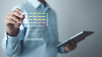 Password strength meter concept for secure signup and login process, showing strong password rules, account protection, identity verification, and modern cybersecurity user interface design.