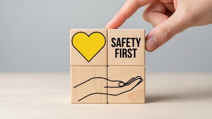 Close-up Detail of Safety First and Protection Icons on Wooden Blocks for Corporate Security and Employee Wellness Themes