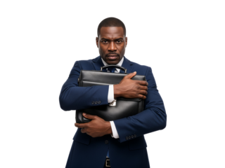 Serious businessman clutching leather briefcase tightly to his chest