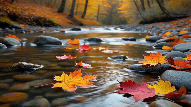 Vibrant autumn maple leaves floating on a shallow forest river with smooth stones and colorful fall foliage background