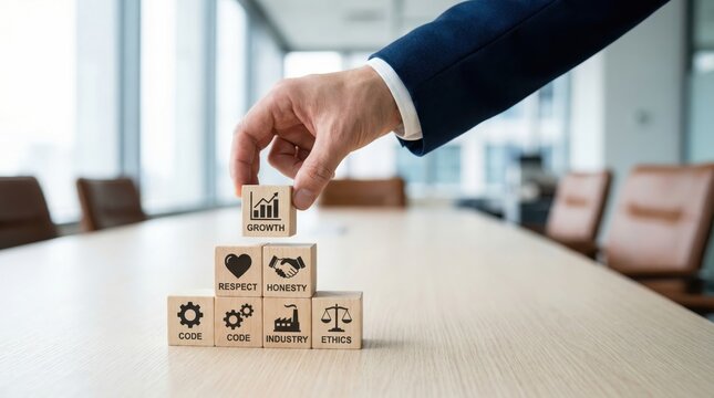 Sustainable business growth through ethical values and integrity represented by a pyramid of wooden blocks in office.