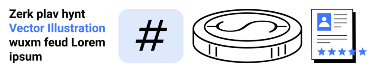 Obraz premium metadata tag sign in blue square, a coin with a dollar sign, and a user profile document with star rating. Ideal for social media, finance, marketing, branding, user reviews, communication simple