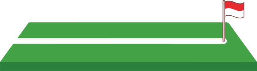 Green sports field section vector illustration. Isometric view of a grass pitch with a white boundary line and a red and white flag, isolated on white background.