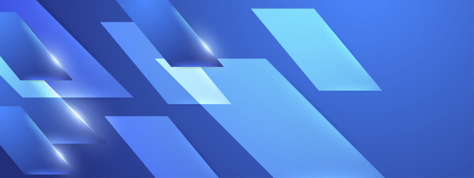 Abstract blue background featuring overlapping parallelogram shapes with glowing light effects and futuristic design elements