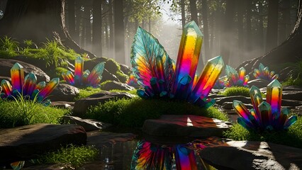 Obraz premium Vibrant, rainbow-colored crystals growing amidst rocks and greenery in a misty forest, with a shallow depth of field and warm, natural lighting.
