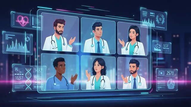 Doctors on virtual meeting screen display 1.