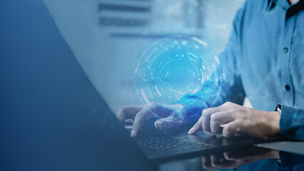 Abstract digital data visualization with glowing particles and global network connections, representing big data processing, advanced technology systems, innovation, analytics, and infrastructure.