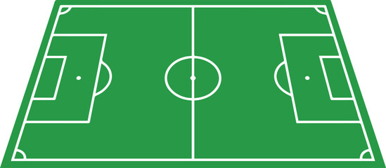 Soccer field perspective view vector illustration. Green football pitch layout with white line markings, penalty areas, and center circle, showing depth. © AI illustration 