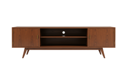 A mid-century modern tv console in rich american walnut with brass details, on a transparent cyclorama background. Concept of luxury furniture and interior design