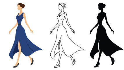 A woman in different fashion illustrations wearing a long blue dress
