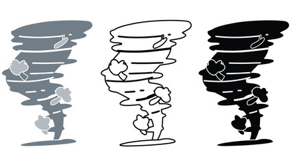 A set of three cartoon tornadoes in different colors and styles