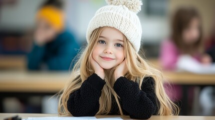 Adorable Young Girl with Blonde Hair Smiling in Classroom Wearing White Winter Hat