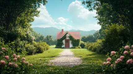Dreamy Cottagecore A quaint cottage nestled amongst lush greenery, inviting tranquility and beauty.