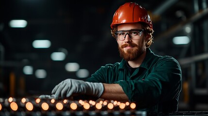 Factory worker inspecting glowing parts, wearing safety glasses and hard hat