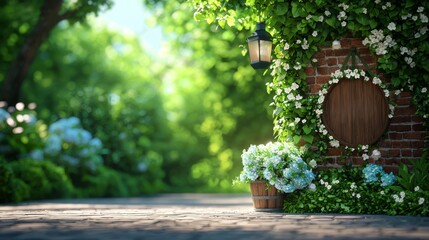 Charming Garden Scene with Brick Wall, Lantern, Floral Accents, and Lush Greenery Garden Decor