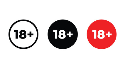 Three 18 plus age restriction signs in different colors and styles