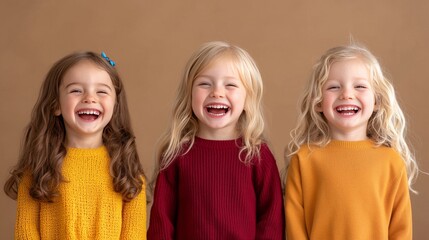 Adorable trio of girls laughing in colorful knit sweaters standing in front of brown backdrop