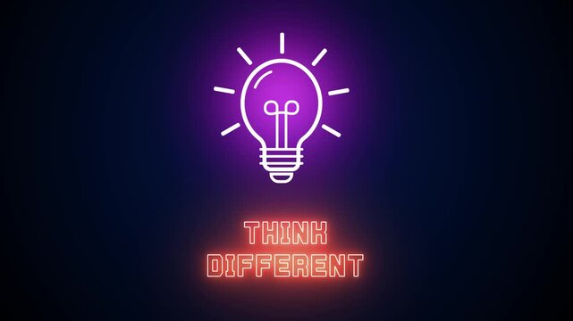 Neon glowing light bulb icon with Think Different text on a dark background, representing unique perspectives, original ideas and out of the box creativity