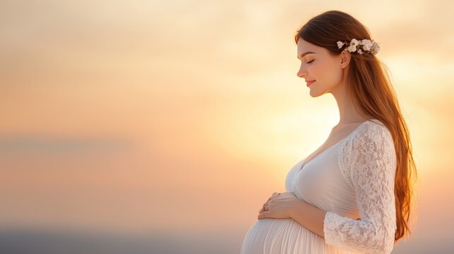 Radiant Motherhood A serene pregnant woman embracing the golden sunset glow of anticipation