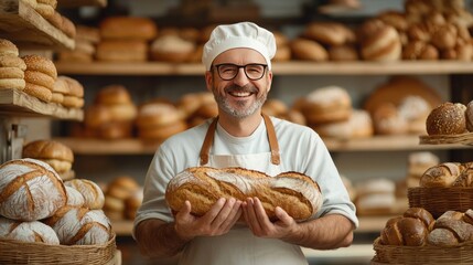 Smiling baker presents fresh loaf in bakery, showcasing the artisan bread and baking expertise