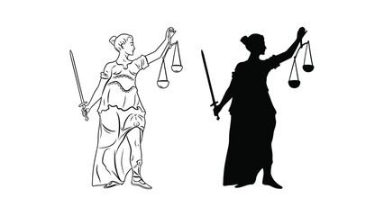 Three illustrations of the goddess of justice in different styles and colors
