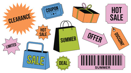 A colorful illustration of various shopping sale stickers and tags on a white background