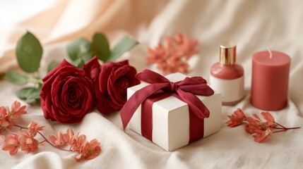 Romantic Still Life Red Roses, Gift Box, and Candle for Special Occasion