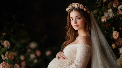 Stunning Maternity Portrait of Expectant Mother Surrounded by Flowers and Soft Lighting