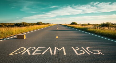 Empty asphalt road with 'Dream Big' written on it stretching towards the horizon under a vast sky