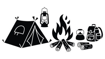 A black and white illustration of camping gear and equipment for outdoor adventure