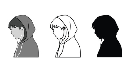 Three illustrations of a person wearing a hood in different styles