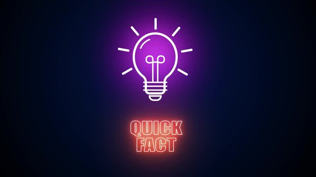 Neon glowing light bulb icon with Quick Fact text on a dark background, representing fast learning, short educational snippets and verified information alerts