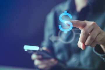 Digital payment concept with virtual currency icon and smartphone, representing cashless transactions, fintech solutions, secure online banking, global money transfer, and modern financial technology.