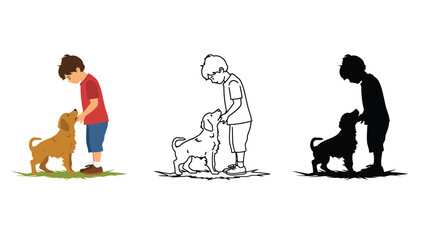 A boy and his dog in different illustration styles on a white background