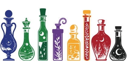 A colorful illustration of various magical potion bottles on a white background