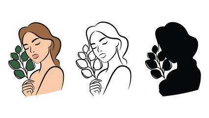 A minimalist illustration of a woman holding a plant in different styles