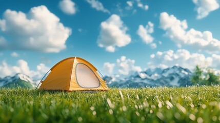 Camping Tent Pitched in a Green Mountain Meadow with Blue Sky