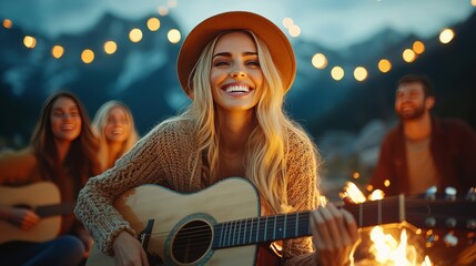Smiling Young Woman Playing Acoustic Guitar at an Outdoor Campfire Gathering