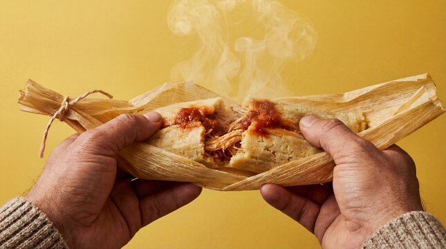 Hands opening steaming tamale with spicy salsa