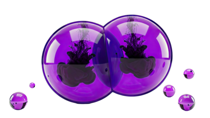 Two connected purple spheres with dark ink swirling inside, on a white background