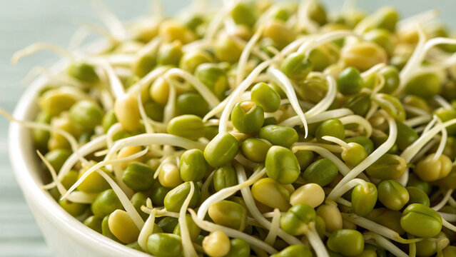 Fresh green bean sprouts ready for cooking and adding to various dishes in a bowl on a light wooden surface