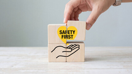Workplace Safety and Healthcare Concept with Hand Placing Wooden Blocks Featuring Safety First Text and Heart Icons