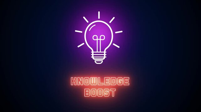 Neon glowing light bulb icon with Knowledge Boost text on a dark background, representing educational improvement, brain power and intensive learning concepts