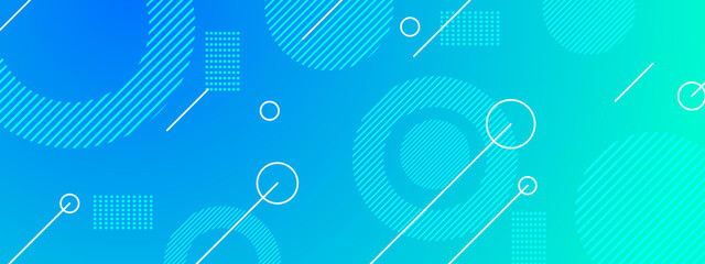Cool blue and cyan gradient background featuring white memphis design elements like circles and diagonal lines