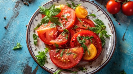 Plate of tomatoes and mint is on a blue table. The plate is white and has a blue background