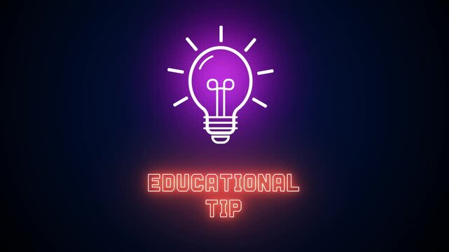 Neon glowing light bulb icon with Educational Tip text on a dark background, representing academic advice, study hacks and effective learning strategies