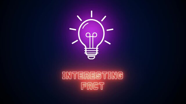 Interesting fact text with glowing neon light bulb icon on black background, representing educational trivia, engaging knowledge and discovery